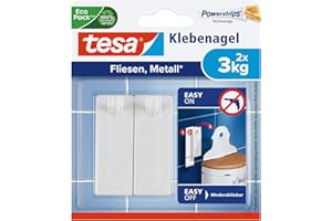 tesa Gwoździe samoprzylepne do płytek i metalu, zestaw 2 szt. – gwoździe samoprzylepne do gładkich i twardych powierzchni w łazience i kuchni, 3 kg siły trzymania – zdejmowane i wielokrotnego użytku –