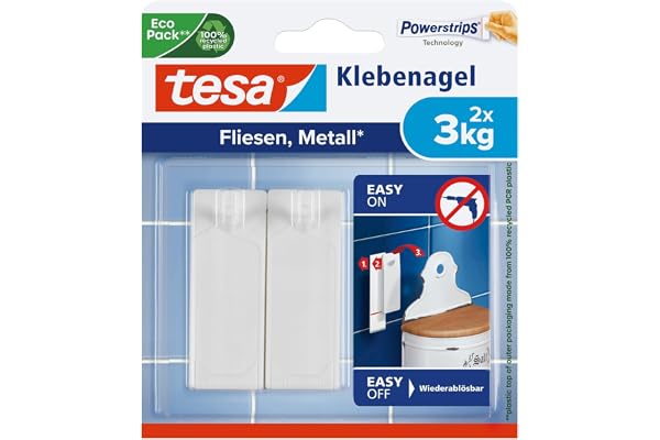 tesa Clou Adhésif pour Carrelage & Métal 3kg - Clou Autocollant pour Surfaces Lisses et Solides dans les Salles de Bains et Cuisines - 2 Clou Adhésif pour une Capacité de 3 kg