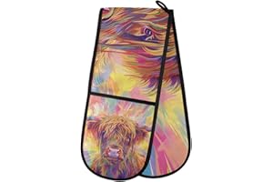 MNSRUU Oven Gloves Double Oven Gloves Long Hair Highland Cow Rainbow Oven Mitts Pot Holder Heat Resistant Quilted for BBQ Baking Kitchen Cooking Gloves