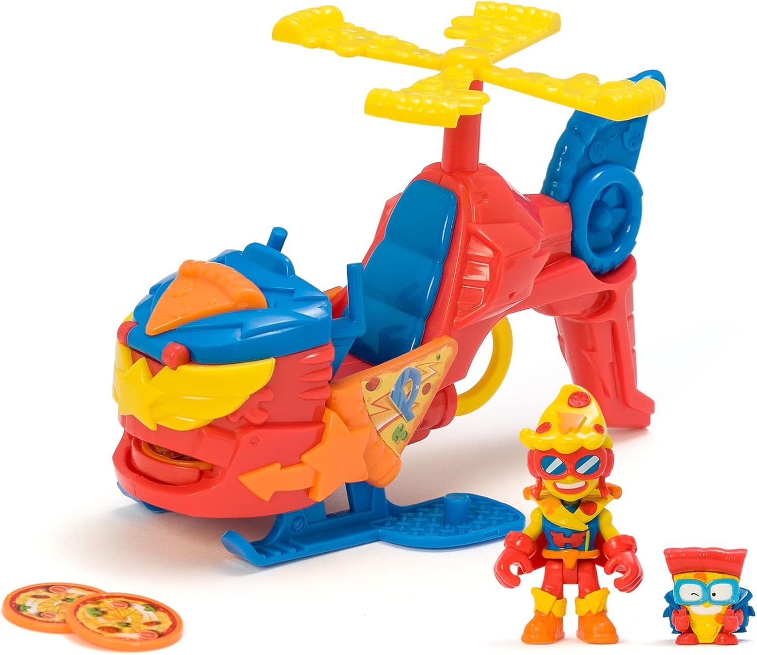 SUPERTHINGS Pizzacopter, Helicóptero de con Lanzador de Discos de Pizza, Incluye 1 Kazoom Kid y 1 SuperThing
