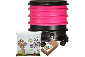 WORMbox | Vermicompostador Compostera 3 bandejas Fucsia + 250g de Lombrices / 500 und + 1 Coco | 48 litros | Composta residuos orgánicos, lombrices producen Humus de Lombriz