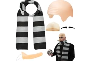 Abitoncc 5PCS Bald Cap and Striped Scarf Set for Men, Latex Scalp with Headgear, Long Nose Prop, for Kids World Book Day Fancy Dress Accessories Halloween Movie Character Costume Men