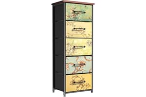 LNZHAO 5 Drawer Tall Chest of Drawers Bedroom - Fabric Storage Drawer with Wood Top Dresser for Bedroom, Hallway, Living Room, Closet Flower Printing