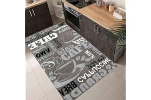 VIMODA Küchenteppich Grau Trendiger Kaffee Teppich, Verschiedene Schriftarten und Muster Kaffee, Maße:80 x 150 cm