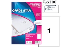OFFICE STAR PRODUCTS OFFICE STAR Étiquettes Autocollantes Blanches 210 x 297 mm Imprimables Laser Jet d'Encre Pack de 100