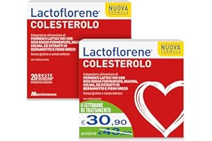 LACTOFLORENE Colesterolo, Fermenti Lattici con Probiotici, Fieno Greco, Riso Rosso, Colina, Niacina, Bergamotto, Senza Glutine Senza Lattosio - Integratori Adulti (2 Pack 20+20 Bustine)