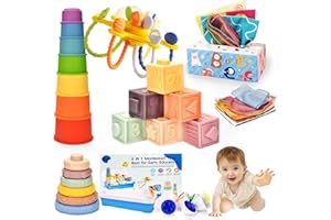 DAZHSHUN Baby Toys 6 to 12 Months,Montessori Toys for 1 Year Old,6 in 1 Sensory Toy for Babies 6-12 Months Pull String Teether Infants Stacking Blocks Rings Cups Tissue Box Toy for 6-9-12 Months Baby Gifts