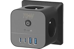 VEFVE Chargeur Rapide USB C 70W, Prise Multiprise Cube 7-en-1 avec Interrupteur, Technologie GaN III, Compatible Ordinateurs Portables, Tablettes et Smartphones