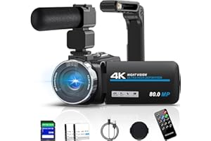 PITIKI Caméscope 4K 80MP HD Caméra Vidéo pour YouTube, 30FPS Webcam à Vision Nocturne IR Caméra, Zoom Numérique 18X de à Écran IPS 3.0 270° Vlogging Camera avec Carte SD,2 Piles,Télécommande et Stabilisateur