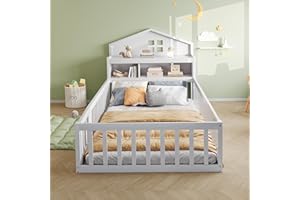 KEYIDE Letto per bambini, letto singolo 90 x 200 cm, con vano testiera e lavagna, letto Montessori con griglia di protezione e porta, letto in legno per ragazzi con rete a doghe, senza materasso (bianco, 90