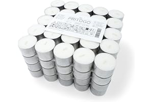 PRITOGO Teelichter, Weiß (100 Stück) 8 Stunden, Rußfrei, Ø 3,8 * 2,5 cm, Unparfümiert