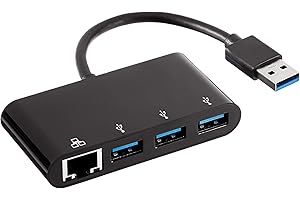 Amazon Basics Adattatore a 3 porte USB 3.0 con porta gigabit ethernet, 3 USB A + 1 RJ45, Nero