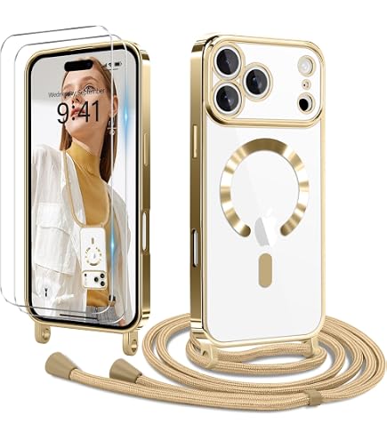 DiDaDi 5-in-1 Telefoonketting Set – IPhone 17 Pro Hoes Met Band, Transparant, 2x Pantserglas, Camerafilm – Goud