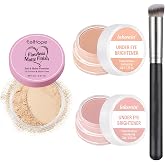 2 Pieces Under Eye Brightener Concealer + Loose Powder | Includes Tassel and Concealer Brush, Makeup Setting Powder, Anti-Dar