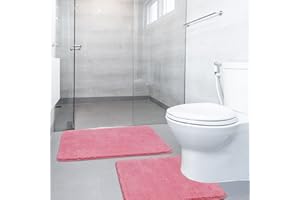 SOANNY 2 Piece Non Slip Bathroom Rugs Set, Luxury Thick Microfiber Shaggy Bath Mat Sets, 50 X 80 CM Soft Plush Shower Rug & 50 X 50 Toilet Mat, Machine Washable Bathroom Mats Carpet, Pink