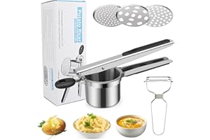 HICOOSEE Presse-purée professionnel avec éplucheur de légumes, presse-purée robuste en acier inoxydable avec 3 filtres interchangeables pour purée de pommes de terre, purée, fruits