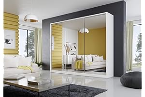 ‎ML FURNITURE LTD Kleiderschrank mit Spiegel 270 x 205 x 60 cm, Schwebetürenschrank Schrank Garderobe Schlafzimmer- Wohnzimmerschrank ; 4 Schubladen & 2 Kleiderstangen: Farbe: Weiß Matt Mehrzweckschrank