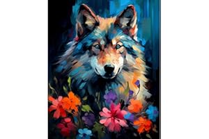 Tucocoo Wolf Portrait Paint by Number for Adults, DIY Digital Oil Painting Kits on Canvas with Brushes and Acrylic Pigment, Abstract Flowers Animal Hand-painted for Home Decor 16x20 inch (Frameless)