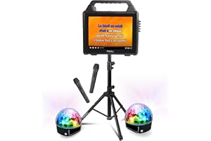 Ibiza - Pack Karaoké Enceinte Ecran USB Bluetooth KARAVISION sur Pied - 2 Effets Lumière Party-ASTRO6 - Evénements Soirée