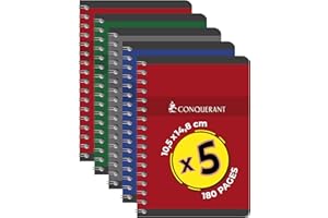 CONQUERANT Conquérant Lot 5 Cahiers A5 Petits Carreaux 5mm 180 Pages Reliure Spirale Couverture Carte Recyclée, Couleurs Assortis