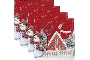 Artoid Mode Juego de 4 servilletas de tela roja para casa, nieve, árboles, valla, muñeco de nieve, Navidad, 45 x 45 cm, decoración de cocina de invierno, cena, cafetería, celebraciones, decoración