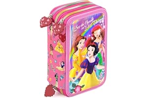 Clondo piórnik trzykomorowy z 45 akcesoriami – dla dzieci i fanów Disney Princess – klasy 1–3 – idealny na prezent – długopis wymazywalny, klej, nożyczki, kredki, flamastry