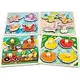 Funsland Wooden Puzzles Jigsaw Toys for 1 Year Old，4 Pcs Toddler Peg Puzzles Toys, Baby Wooden Montessori Toys, Infant Kid Fine Motor Skill Learning Educational Toys Gifts for 1 2 3 Years Old