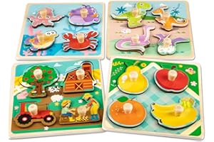 Funsland Drewniane puzzle dla dzieci, 4 sztuki, wzór kreskówkowy, drewniane puzzle z uchwytami, zabawka Montessori od 1, 2, 3 lat, zabawka edukacyjna, prezent dla dzieci