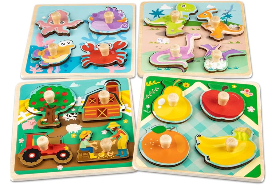 Funsland Wooden Puzzles Jigsaw for 2 Year Old, 4 Pcs Toddler Peg Puzzles Animal, Baby Montessori Wooden Toys, Infant Kid Fine Motor Skill Learning Educational Toys Gifts for 2 3 4 Years Old