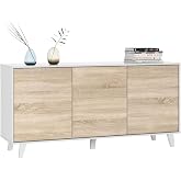 Habitdesign &ndash; Buffet Sideboard 3 Doors for Living Room or Dining Room, Sideboard with Legs, Gloss White and Canadian Oak, 154