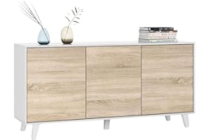 Habitdesign – Aparador Buffet 3 Puertas para Salón o Comedor, Aparador con Patas, Color Blanco Brillo y Roble Canadian, 154x41x75 cm - Zaiken Plus