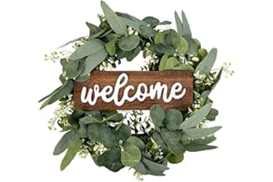 HAOSHICS Corona de Eucalipto Verde Artificial con Letrero de Bienvenida, para Puerta, Pared, Ventana, Festival y Ocasión Casual y Festiva