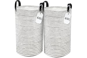WPPQWP Laundry Baskets Lot de 2 paniers à linge pliables - 60 l - Ronds - Avec rivets renforcés - Poignées en cuir synthétique - Grand sac à linge étanche - Pour salle de bain - Rayures noires et