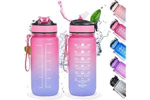 Gofady Water Bottle with Time Marker and Straw, 600ml Sports Water Bottles, BPA Free,Leak Proof, Tritan Plastic, Motivational Large Drinking Bottle for Gym Running Cycling Hiking (Pink Purple)