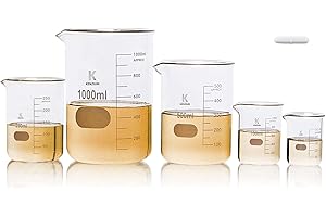 LABBOX KENZIUM - Pack 5 x Beaker + 1 x Magnetic Stirring Bar | 50, 100, 250, 500 and 1000ml | Borosilicate Glass 3.3 | Low Form | with Printed Graduation, with Spout | High Resistance, Autoclavable