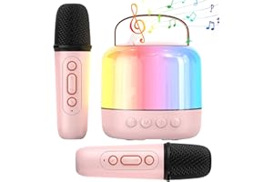 PHOVOLT Mini Karaoke Maschine für Kinder Erwachsene: Tragbarer Bluetooth-Lautsprecher mit 2 kabellosen Mikrofonen, Mini-Karaoke-Spielzeug, Geschenke für Jungen und Mädchen Geburtstagsfeier Heimparty (Rosa)