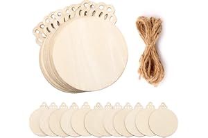 SAVITA 20 Piezas Madera Natural, Discos Redondos de Madera Piezas en Blanco, Adornos Navideños para Colgar con Cuerdas para Manualidades Adornos Navideños Decoraciones Navideñas