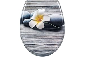 WOLTU WC Sitz mit Absenkautomatik,Toilettensitz Motiv, Toilettendeckel aus Duroplast, Stable Klodeckel Hochwertige Qualität Toilettenbrille,Antibakteriell Oval,Weiße Frangipani