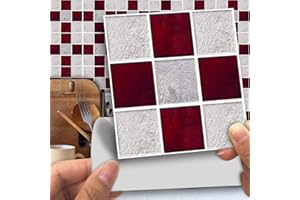 Alwayspon Wall Tile Transfers Sticker for Home Decor, Peel & Stick self-Adhesive splashback, Tile Decals for Living Room Kitchen Bathroom Wall Decor, 25 Pieces Grey Red Mosaic Tile Stikcer