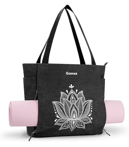 Yuhtech Canvas Yoga Mat Bag - Large Tote With Mat Holder Pocket, 49x40cm, Waterproof, For Pilates, Gym, Travel (White/Green Print)-916777