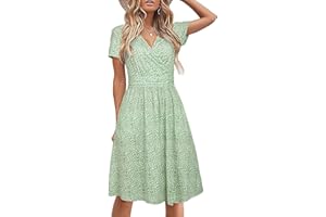 STYLEWORD Women's Summer Dress Short Sleeve V-Neck Sundress Floral Wrap Waist Casual Dress with Pockets