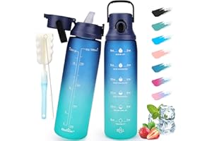 GXCROR Butelka na napoje 1 l, nie zawiera BPA, ze słomką, butelka sportowa z motywującym znacznikiem czasu, szczelna butelka sportowa, idealna do studia fitness, szkoły, biura i na zewnątrz,