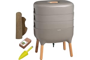 Moutta I Urbalive 3 Bandejas Gris, Kit Completo I Diseño de Vermicompostaje I Sustrato de iniciación I Estera de cáñamo + Pala I Interior, balcón y jardín