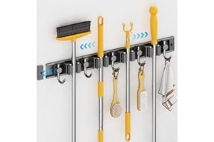 KAZATE Porta Scope Parete, Portascope da Muro Appendibile, Appendi Supporto Portascope Adesivo Acciaio Inossidabile, Porta Scope Rimovibile con 4 Supporti e 5 Ganci per Cucina Bagno Garage Giardino, Grigio