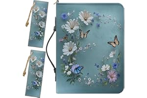 Buxolandt PU Leather Bible Covers for Women, Comes with 2 Leather Bookmarks, Blue Green Bible Case with Handle Built-in Pocket Pen Slots, Realistic Butterfly Flower 2025 Bible Covers, Waterproof