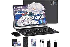 SUAAT 2025 Newest Tablet Android 14 10 Pollici 22GB RAM+128GB ROM(1TB TF), Octa-Core,2.0Ghz, WiFi 5G, BT5.0, GMS, 8MP + 5MP, Type-C, OTG, Cast, Tablet PC con Custodia, Tastiera e Mouse, Nero
