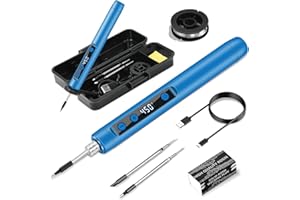 KKMOL Kit de Fer à Souder Sans Fil, Rechargeable USB, Écran LCD, Température Réglable 180-450°C, 3 Pannes à Souder, Fil à Souder, Kit de Soudure Pour Réparation de Soudure- Bleu