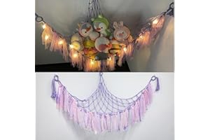 Wolancy Kuscheltier Aufbewahrung Hängematte mit LED-Licht, Spielzeug Aufbewahrung Netz Hängend Organizer, Niedliche Spielzimmer Dekoration