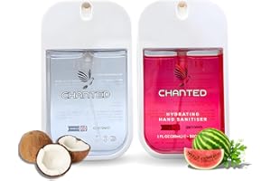 Chanted,Powr Mist,Hydrating Hand Sanitizer Spray,Small Hand Sanitiser,Mini Travel Essentials,Hand Spray,Hand Sanitiser, Tropical Duo (Coconut, Watermelon) 30mL (Set of 2)