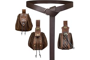 EpicCos 4 PCs Medieval O Ring Belt and Drawstring Pouch Set, Retro Faux Leather Belt Bag Dice Bag Portable Coin Purse for LARP (Brown A)